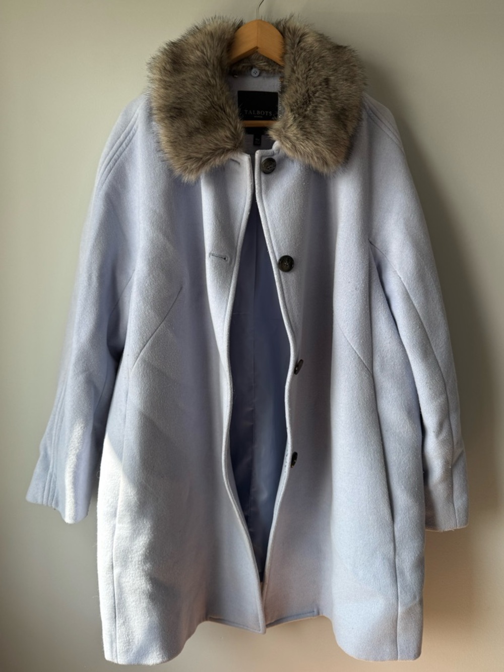 Talbots Pale Blue Wool Pea Coat with Removable Faux Fur Collar